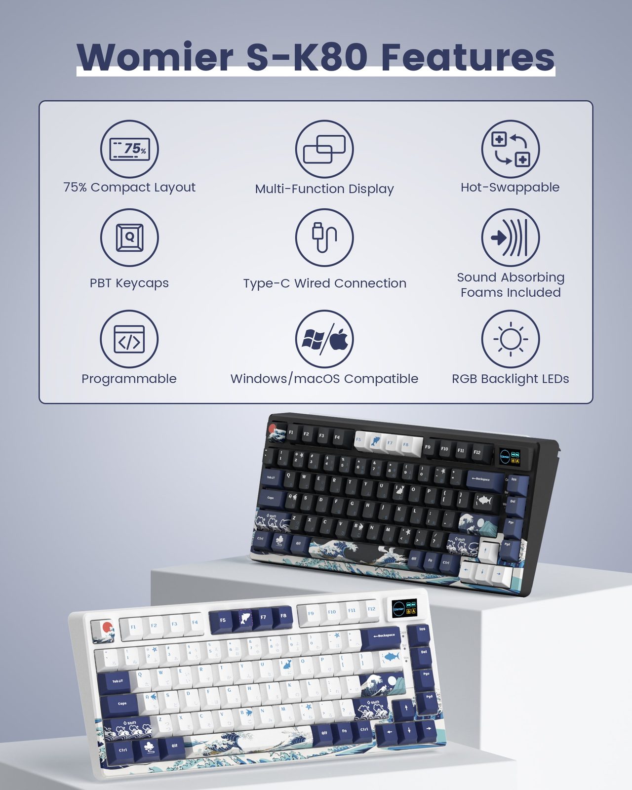 SK80 75% Mechanical Gaming Keyboard with Color Multimedia Display, Creamy Sound, Wireless